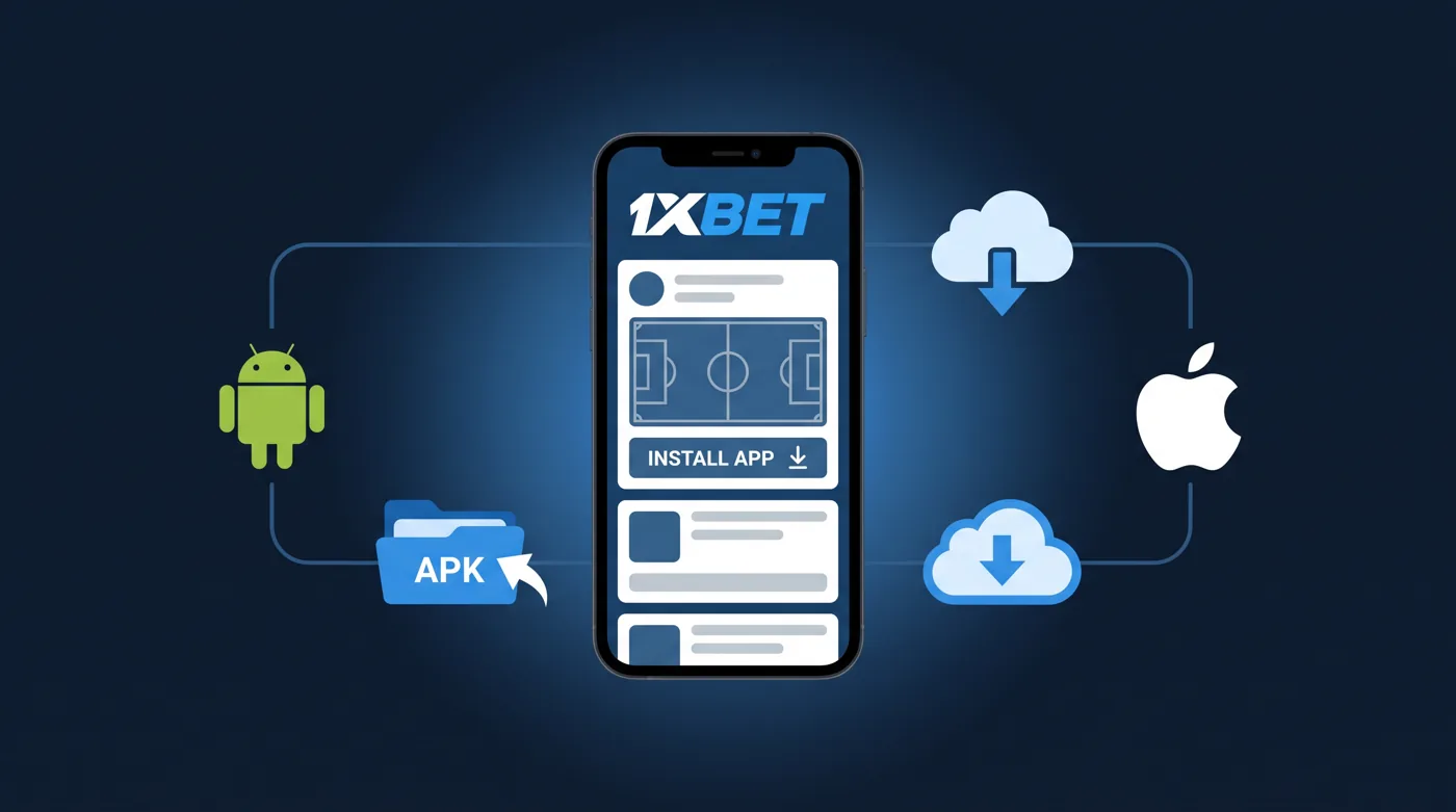 1XBET 앱이 실행된 스마트폰과 안드로이드, 애플 아이콘 일러스트