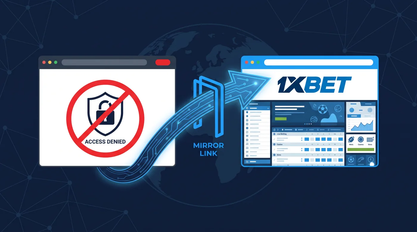 차단된 브라우저 창과 1XBET 로고가 표시된 우회 접속 개념 일러스트