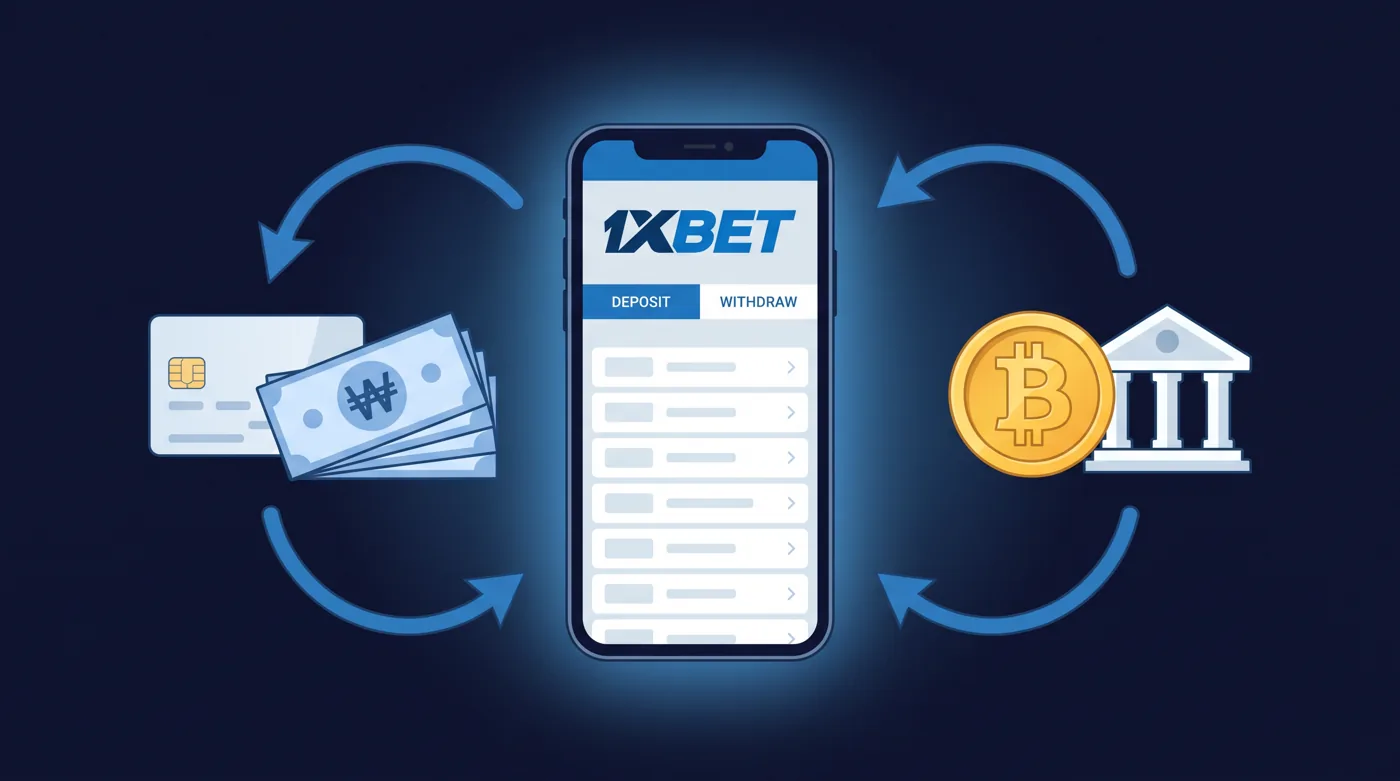 1XBET 로고가 표시된 결제 화면과 은행 카드, 코인 일러스트